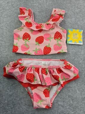 NWT Little Me Strawberry Print Ruffle Two-Piece Girls Swimsuit - Pink & Red 18M